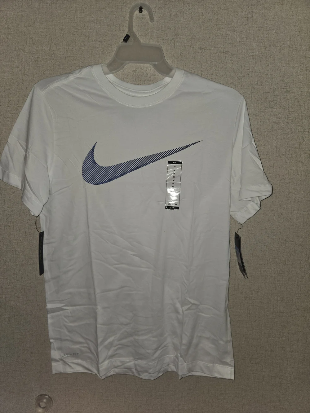Nike Men’s White Dri-FIT Crew T-Shirt with Navy Swoosh Medium